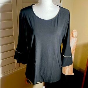 💎🖤Anna Morgan Black Pullover Top W/Rhinestones & Ruffled 3/4 Sleeves Sz Lg